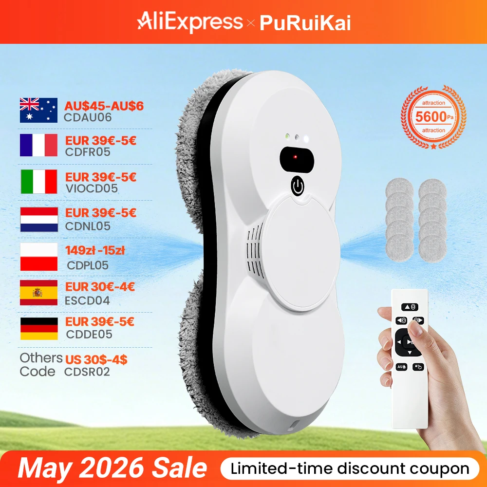 Image of PuRuiKai Fensterputzroboter, 5600Pa Saugkraft, Zweiwege-Automatische Sprühfunktion 50ml Tank, Mehrfache Sicherheitssysteme, Mit Bürstenlosen Motoren