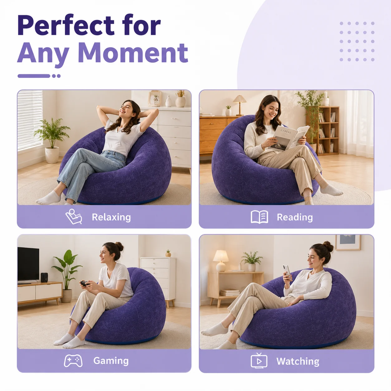 Portable Inflatable Bean Bag Chair, Foldable Lazy Sofa for Adults, Soft & Comfortable Blow Up Lounge Chair with Quick Inflation Pump, Durable PVC Air Couch for Indoor Bedroom, Living Room, TV, Reading & Relaxation, Dual Color Options Available