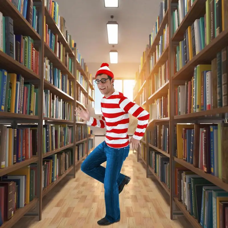 Wheres Waldo Costume Book Week Fancy Outfit Red And White Color Hat Wheres Waldo Shirt Round Thick Framed Glasses For Reading Da