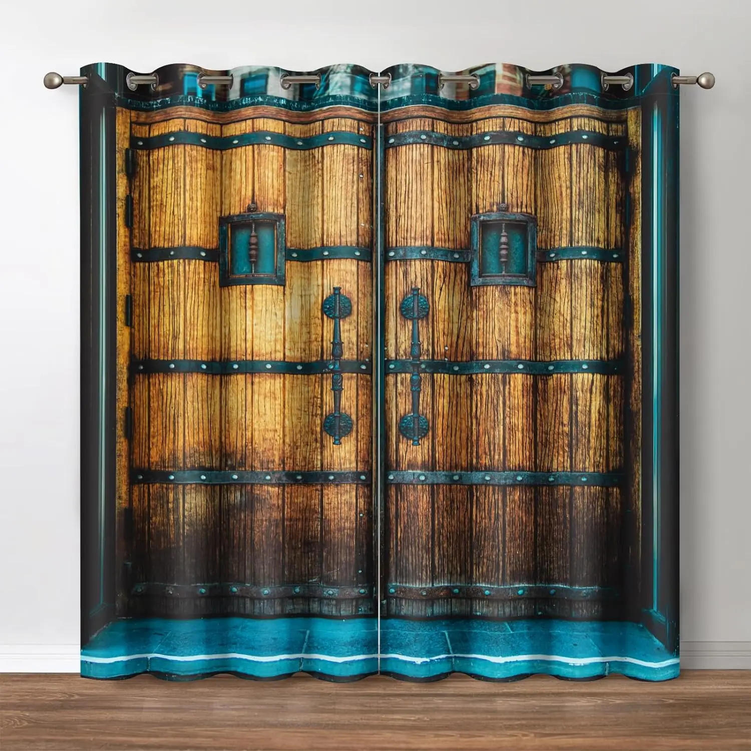 

Rustic Wood Door Window Curtains Wild West Wooden Barn Plank Timber Countryside Farmhouse Decorative Window Drapes for Bedroom