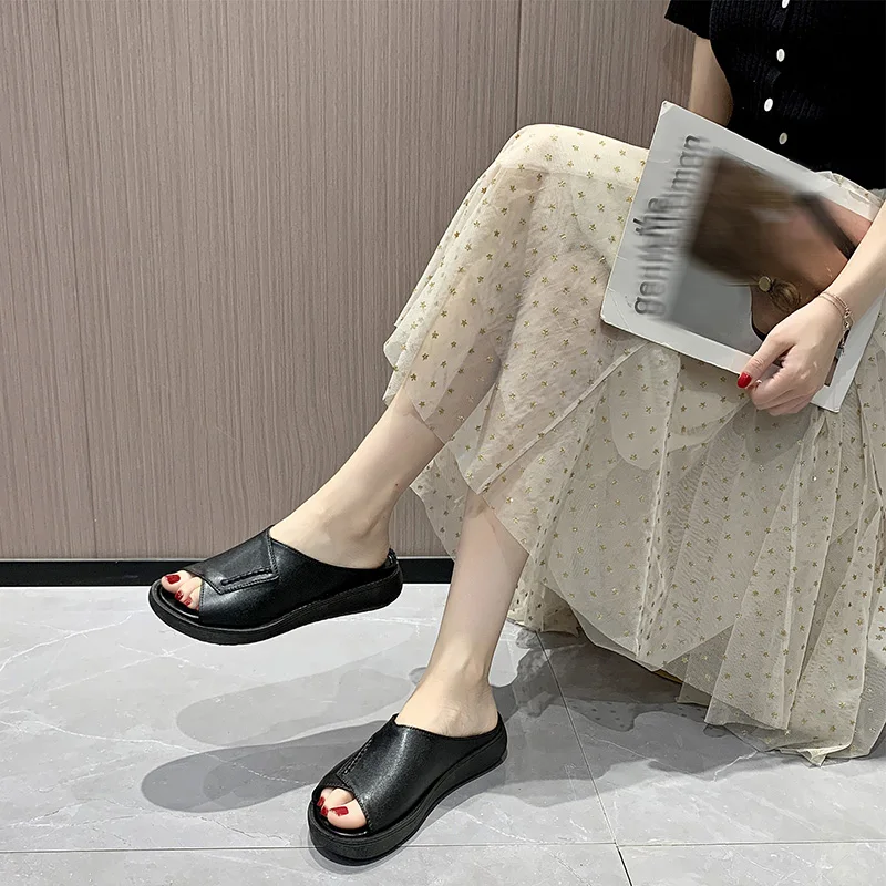 Leather Wedge Sandals and Slippers Women's 2022 Summer New Thick Bottom Raised Platform Shoes Fish Mouth One Word Flip Sandals