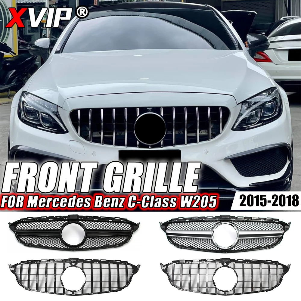 

XVIP Chrome Diamonds Style Front Bumper Grille For Mercedes Benz C-Class W205 15-18 C180 C200 C300 Glossy Black AMG Style Grille