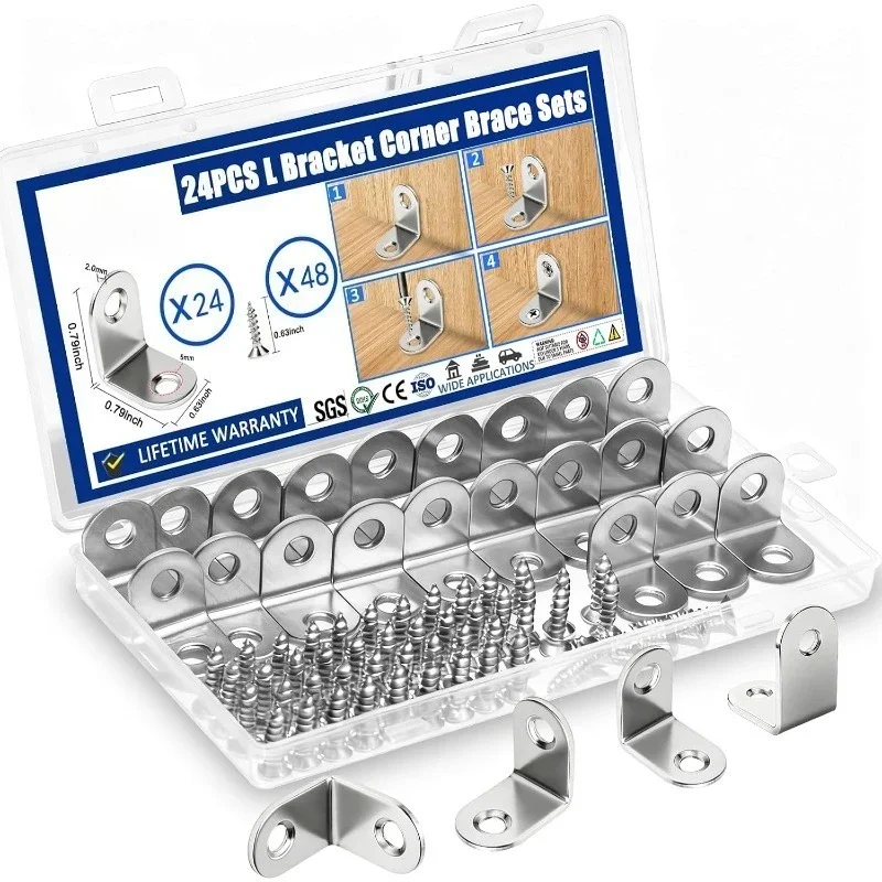 24PCS/Box Stainless Steel L Bracket Corner Brace with Screws Set Small Angle Corner Brackets for Wood Furniture Cabinet