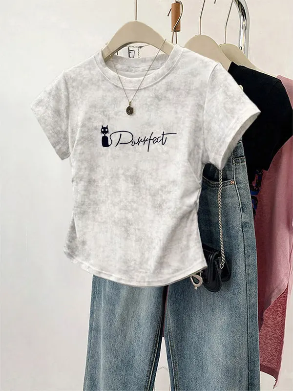 

Pure Cotton Tie Dye White ort Sve Women's T-irt Summer Slim Fit Sweet Design Korean Sle round Ne ort Length