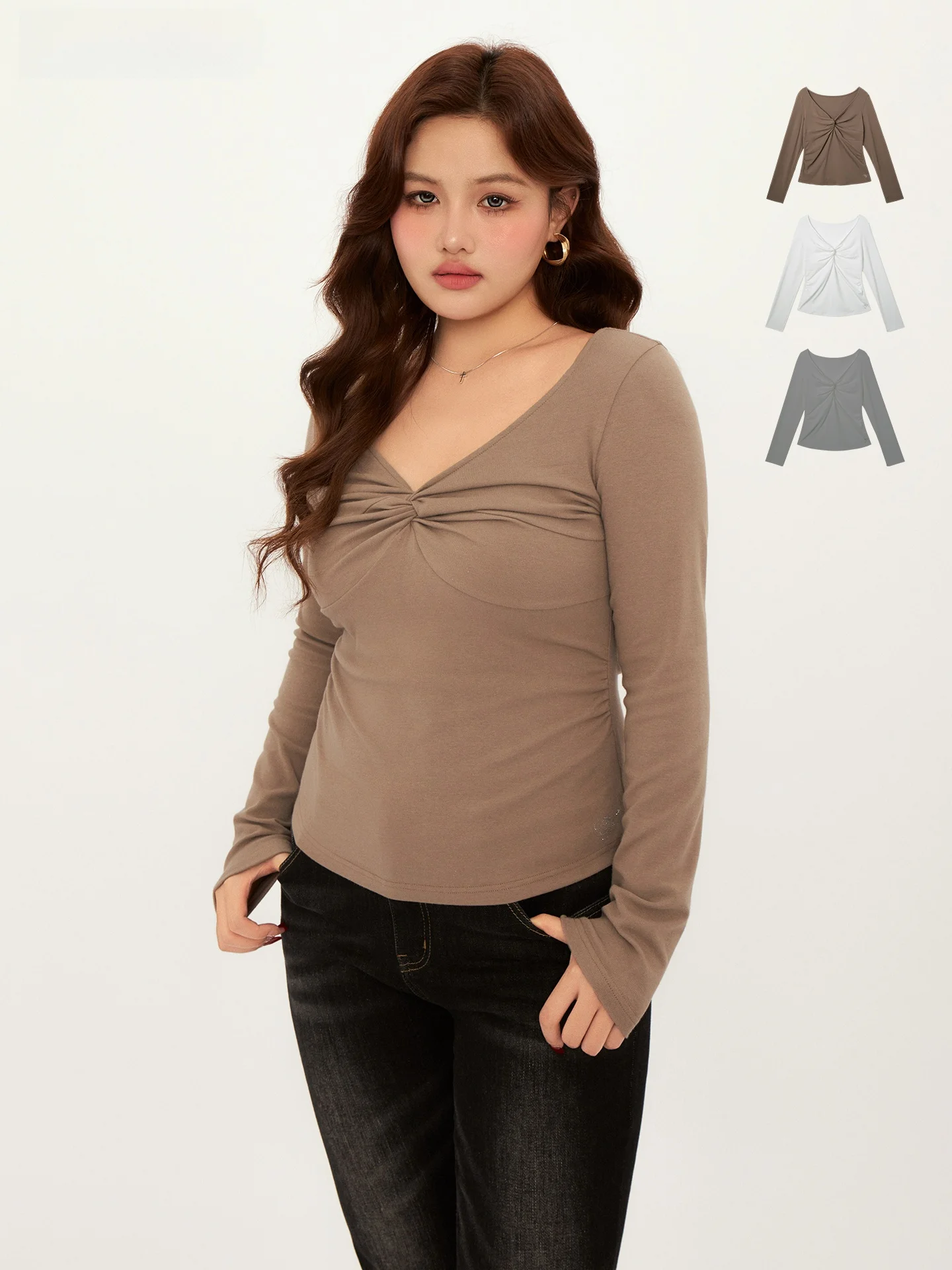 

Приталенная футболка с длинным рукавом и узлом для женщин больших размеров, модная, от бренда Fruit, с V-образным вырезом, осенне-зимняя коллекция