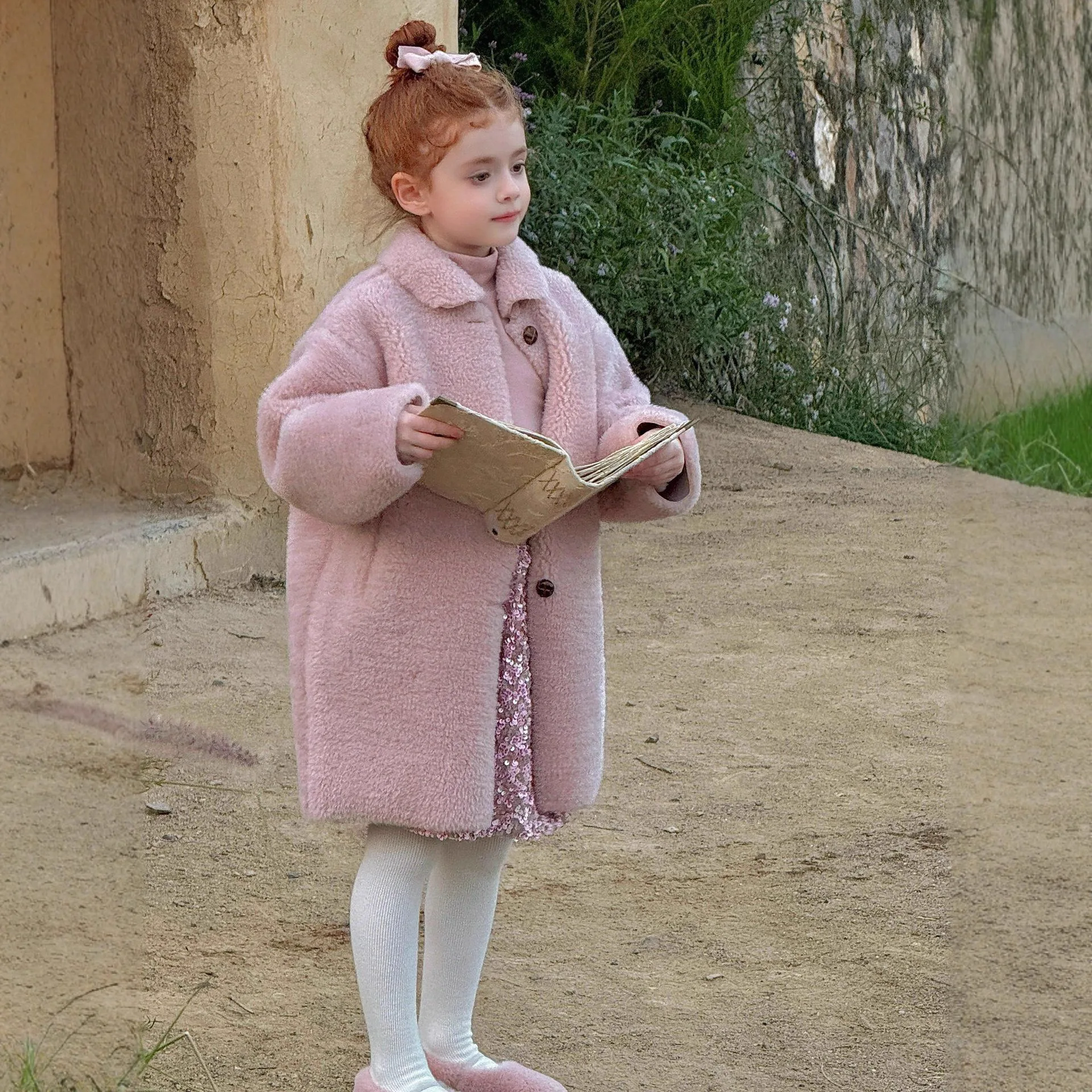 Filles rose fourrure une pièce manteau 2025 automne hiver nouvelles filles col rabattu Long manteau chaud hiver manteau polyvalent