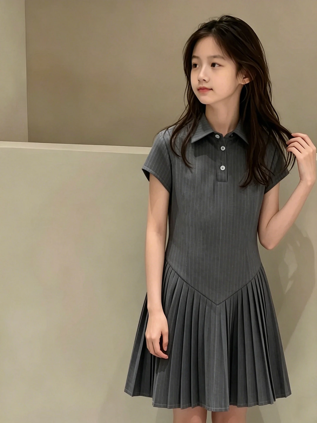 

Girls' Summer Dress Children's Skirt Grey Stripe Preppy Style Girls' Fashionable Clothes Short Sleeve A-Line Midi Dress