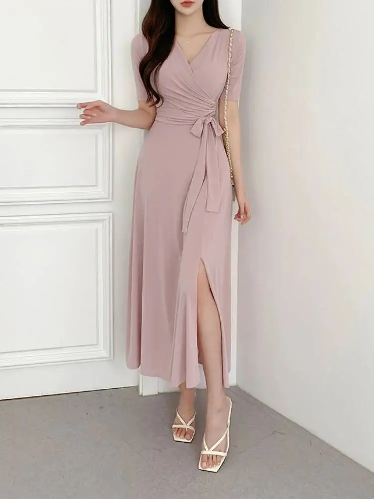 المرأة أنيقة مكتب فستان طويل الصيف مثير الخامس الرقبة قصيرة الأكمام عالية الخصر ضمادة فساتين السيدات الصلبة عادية الكورية رداء طويل