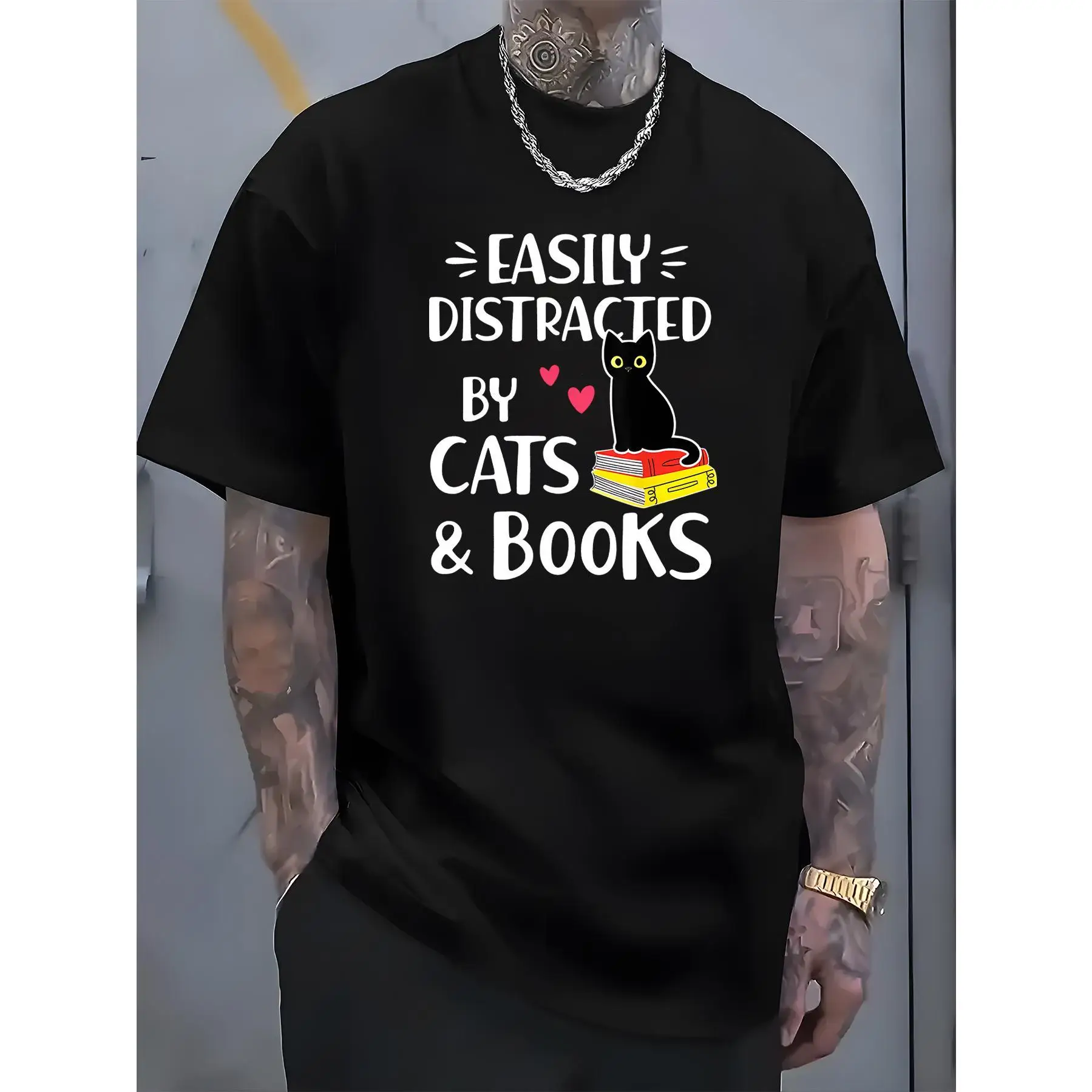 

Funny Cat T-shirt Easily Distracted By Cats & Books Print Pet Lover Humor Graphic Tee Reading Casual Tops