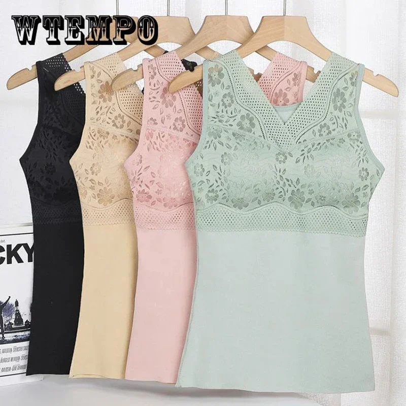 WTEMPO Women Lace Tank Tops with Built in Bra Corset Padded Cropped Tops Undershirt Bralette Green Black Sexy Casual Camisoles