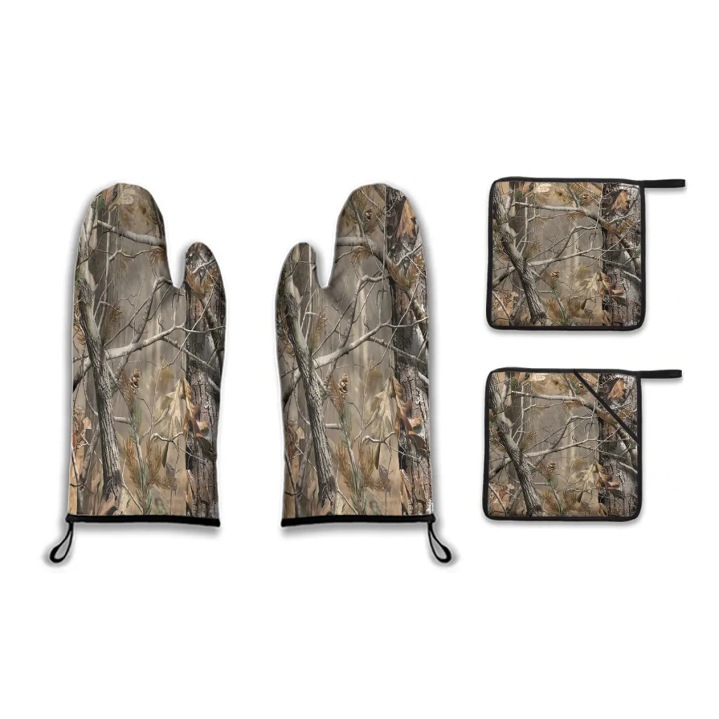 

Camo Tree Vintage Old Forest Camouflage Art 2pcs Gloves Thickened Insulation Gloves Oven Gloves Kitchen Baking Tools