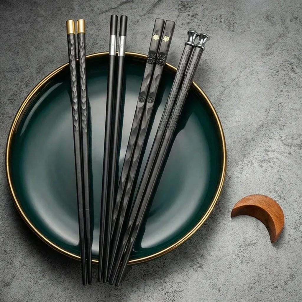 5 Pares de Palillos Negros de Aleación, Duraderos y Reutilizables, Ideales para el Super Bowl, Aperitivos Asiáticos, Sushi y Fideos en Casa