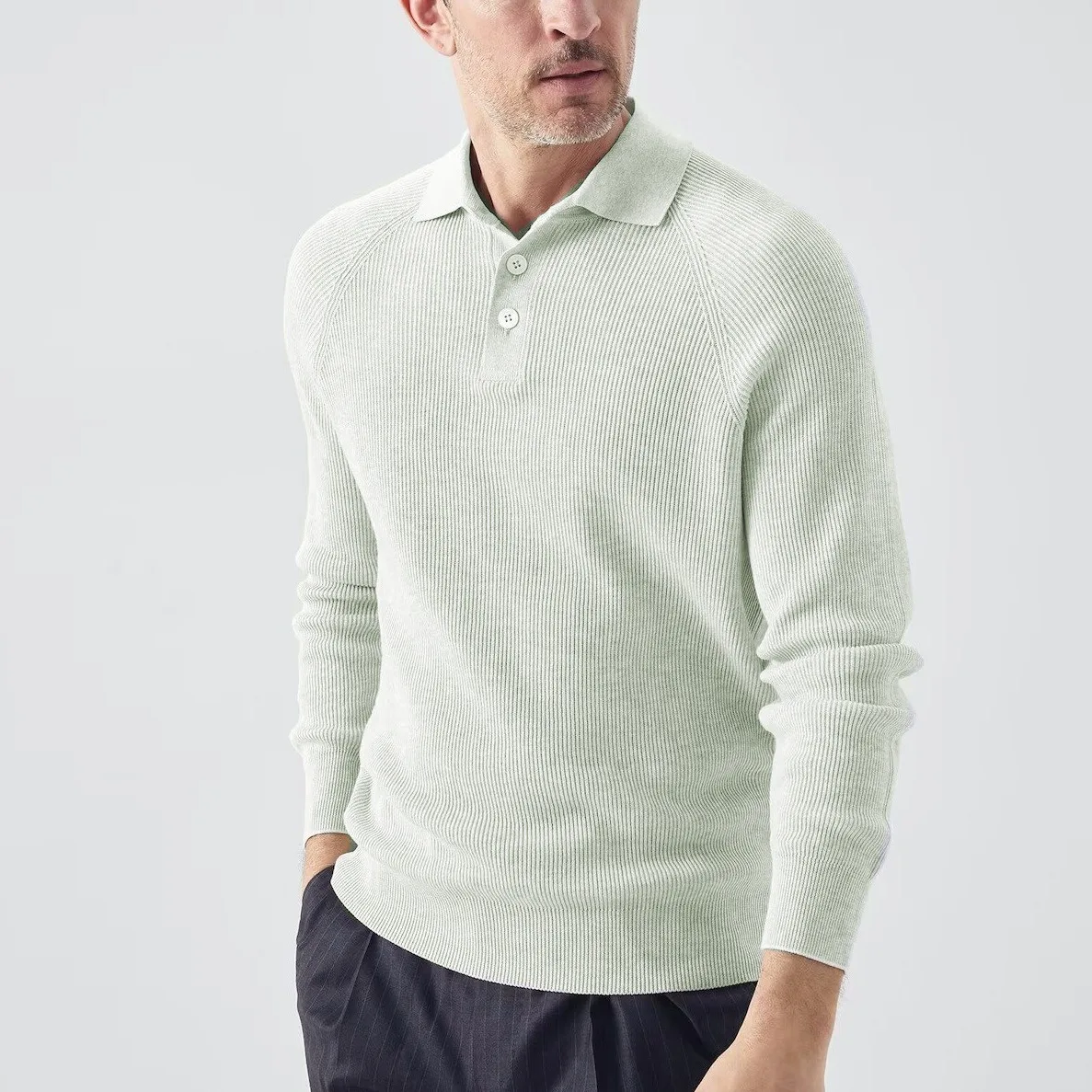 

European New Fashion Men'e Green Grey Solid Color Turn-down Collar Long Sleeve Casual Trendy Knitted Polo Shirts Male Clothes