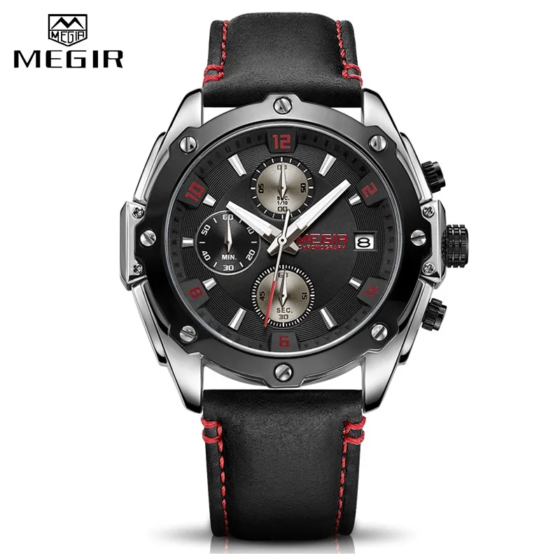 Men's Army Military Wrist Watch MEGIR Men Luxury Blue Watch Leather Sports Watches Mens Business Waterproof Quartz Clock Relogio