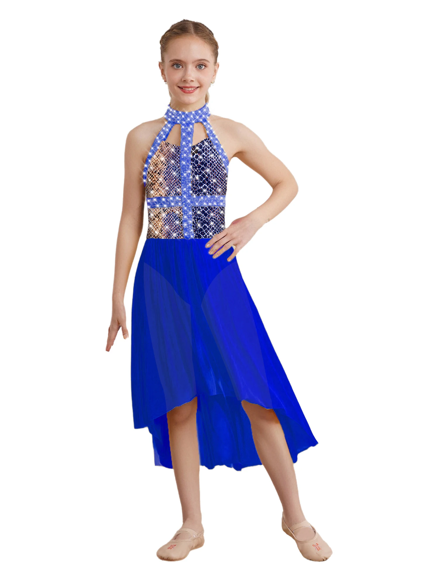 

Kids Girls Contemporary Dance Dress Rhinestone Halter Sleeveless Hem Snakeskin Print Latin Jazz Dance Dress for Ice Skating Show