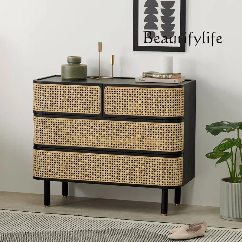 Nordic solid wood retro Teng braided four-chest cabinet household simple storage drawer cabinet