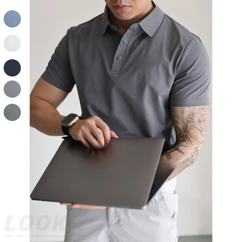 

Мужская бесшовная однотонная рубашка-поло: удобная и стильная летняя дышащая, быстросохнущая футболка с короткими рукавами 202. S-4XL.