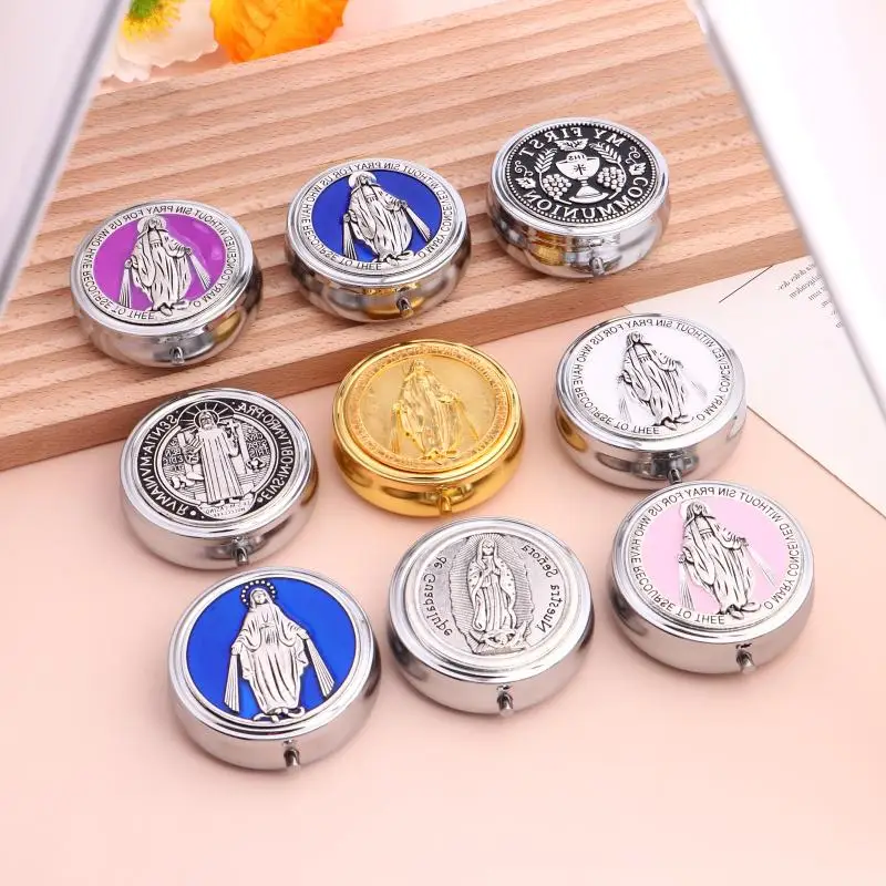 

Retro Metal Holy Communion Saint Benedict Rosary Gift Boxes Round Religious Jewelry Packing Case