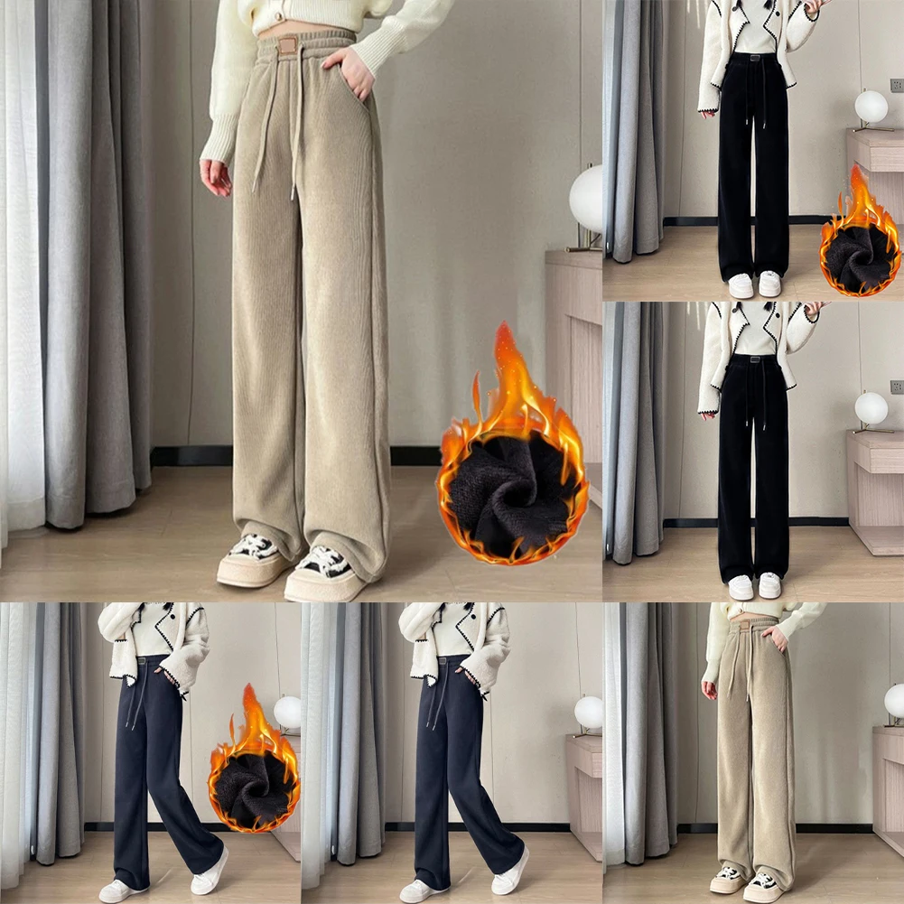 Fleece Lined Corduroy Wide Leg Pants for Women Casual Straight Cut Trousers Suitable for Spring Winter Use Fleece