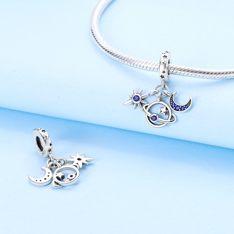

925 Sterling Silver Charms Bead CZ Zircon Planet Stars Moon Dangle Fit Original Bracelet DIY Women Jewelry Gift