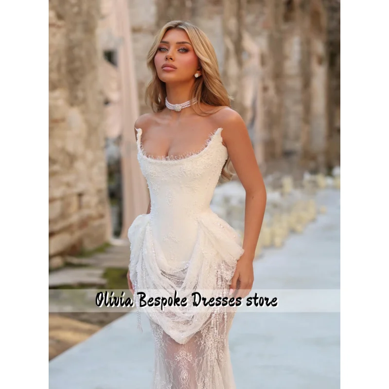 Unique Ivory Lace Mermaid Wedding Dresses Strapless Pearl Tassels Bridal Gowns Customized Lace-up Vestidos De Customized