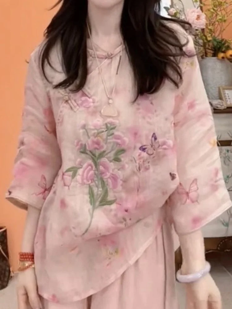 New Chinese Sle Embroidered Cotton Linen Women's irt Summer 2025 Loose Fit Printed Top Zen Tea Costume Fem  Silk