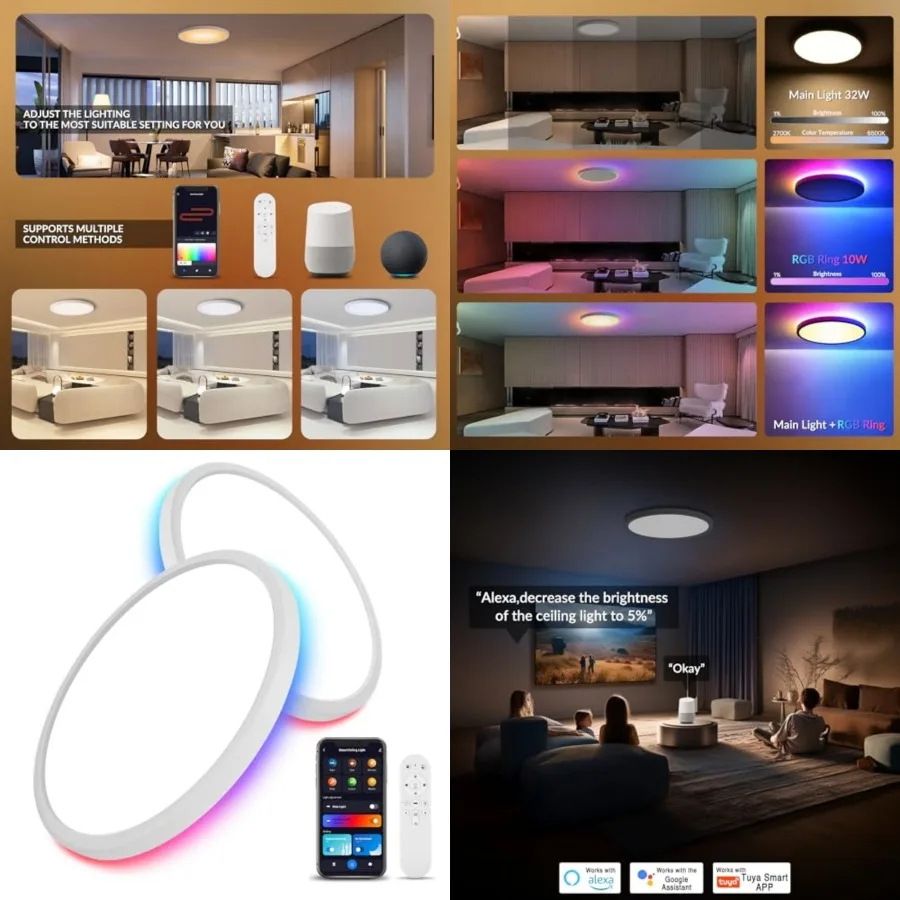 2 Pack 16 Inch Smart RGB LED Ceiling Light with Remote, WiFi Flush Mount Ceiling Light Compatible with Alexa and Google Home, 3