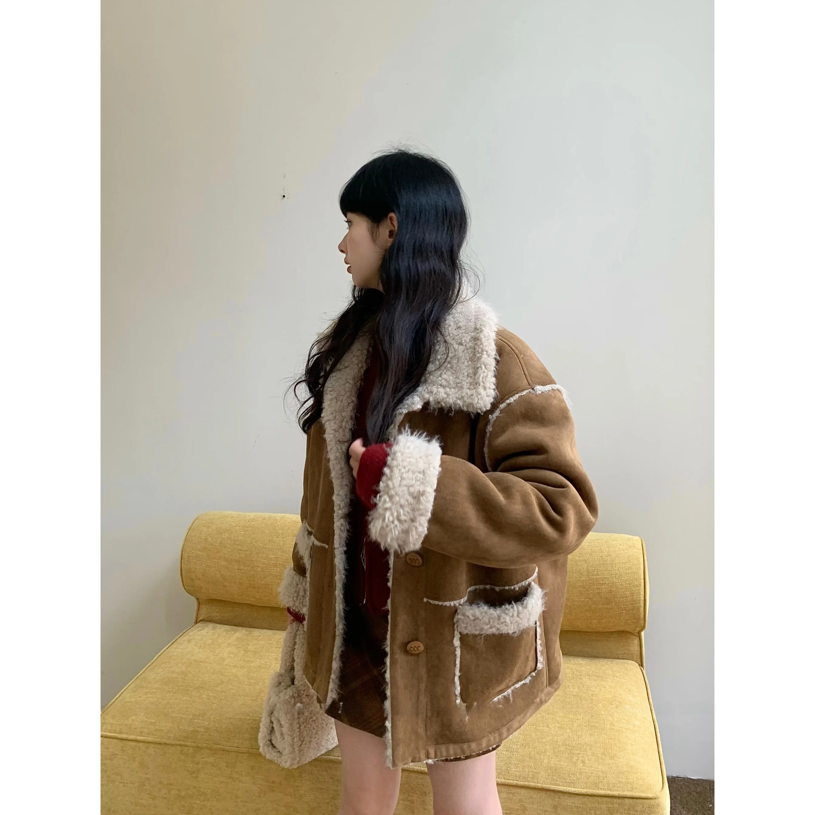 

Sosomall Retro Brown Leather eepskin Jaet Collar up Warm Winter Suede ort Coat Thiened Long Sve Outerwear