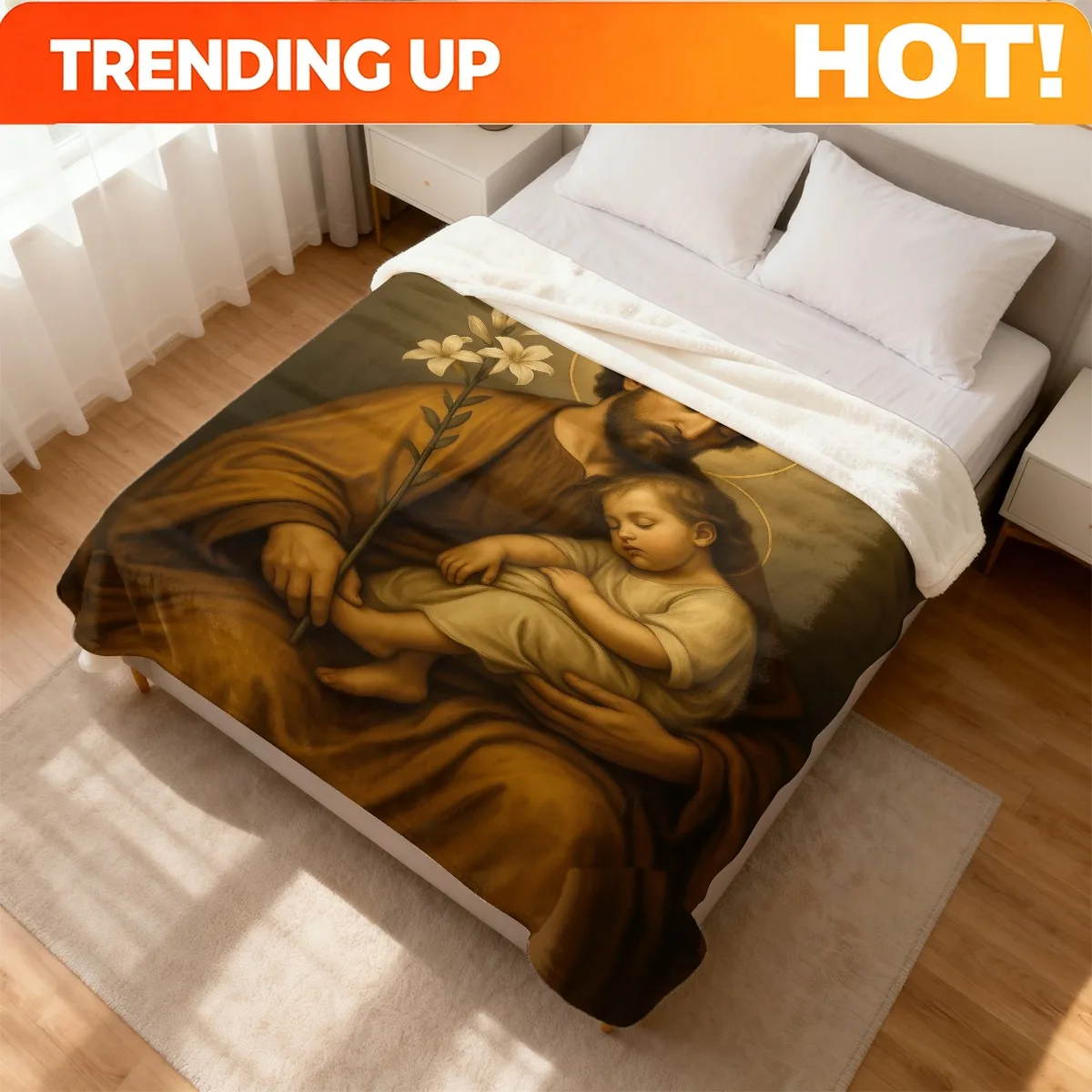 Customize A Luxurious Flannel Sofa Blanket Featuring Saint Joseph And Christ, Perfect for The Office Or As a Christmas Gift, Off