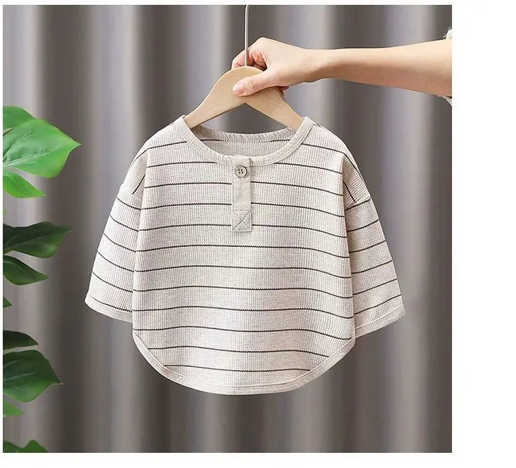 Kinder-Frühlings- und Herbst-Langarm-T-Shirt für Jungen und Mädchen, koreanisches gestreiftes T-Shirt, warmes Unterhemd für Kinder, schlichtes Oberteil für Babys – Detail 8