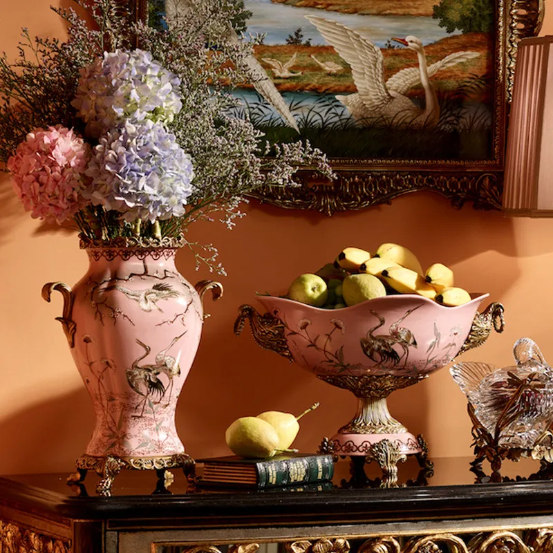 Luxurious French-style European romantic heavy-duty hand-painted crane pink copper inlaid ceramic tea table, fruit tray, vase