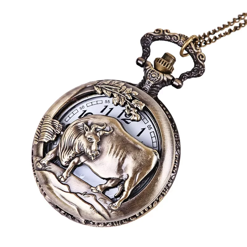 Zodiac cattle embossed hollow ancient pocket watch bronze large 12 Zodiac cattle classical pocket watch