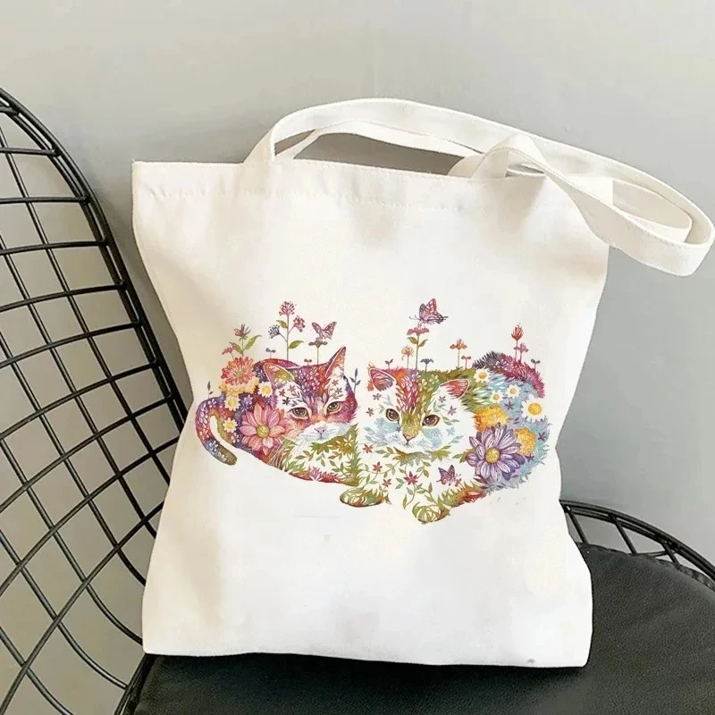 Borsa a mano con fiori di gatto donna estetica Vintage Design per gattini borse per la spesa borsa a tracolla riutilizzabile per ragazze adolescenti