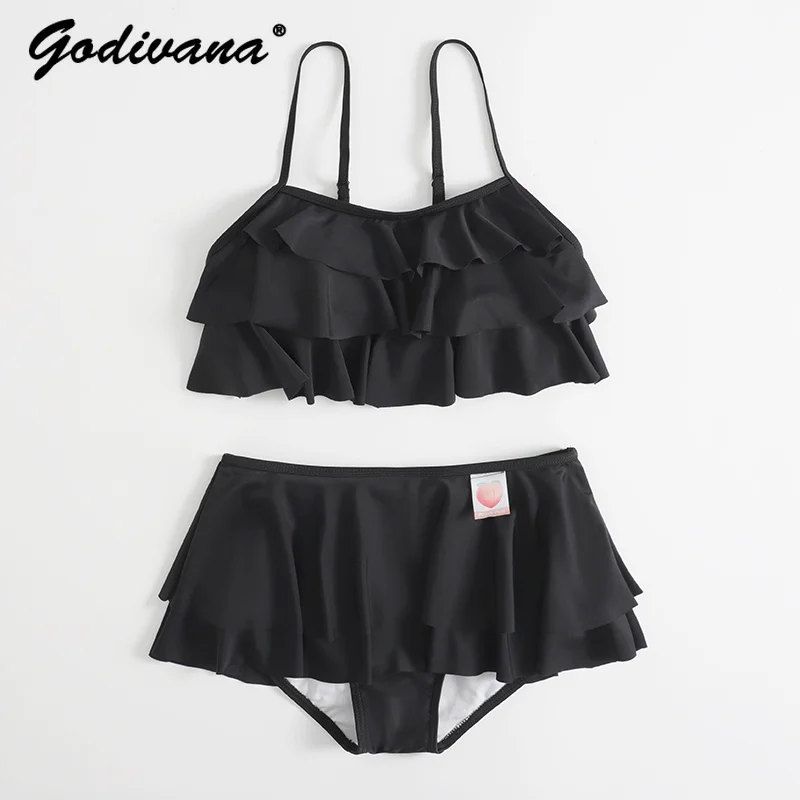 Japanese Style Sweet Cute Girls Y2k Swimsuit New Summer Multi-Layer Camisole Top and Skirt Two-Piece Set Swimwear Sexy Bikini