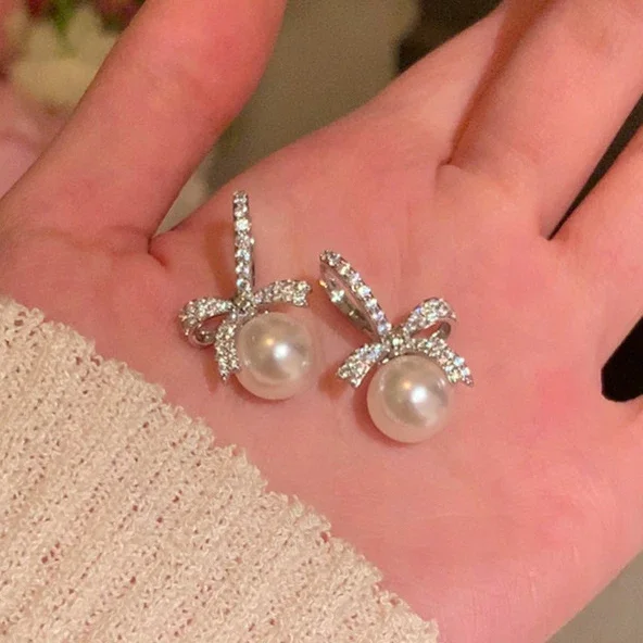 Pendientes de aro con lazo de mariposa y perla de circón para mujer, de Plata de Ley 925, joyería fina bonita, accesorios minimalistas
