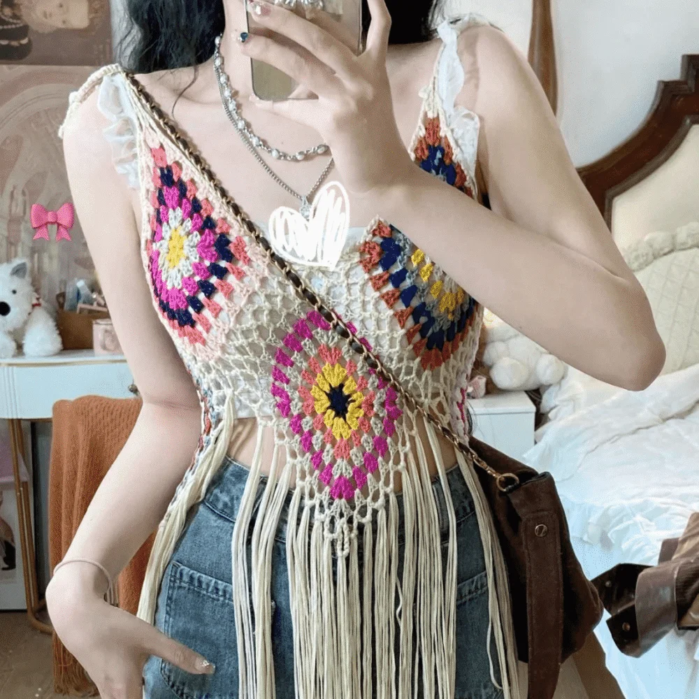 Vintage Plaid Crochet Boho Tassels Suspender Sexy Women 2023 Summer Beach Holiday V Neck Cardigan Shirts Loose Vest Female Tops