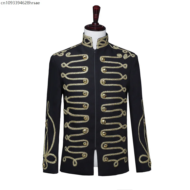 

Adult Golden Trim Military Jacket Medieval Drummer Blazer Jacket Stand Collar Zipper Punk Gothic Parade Jacket Men DJ Club Wear
