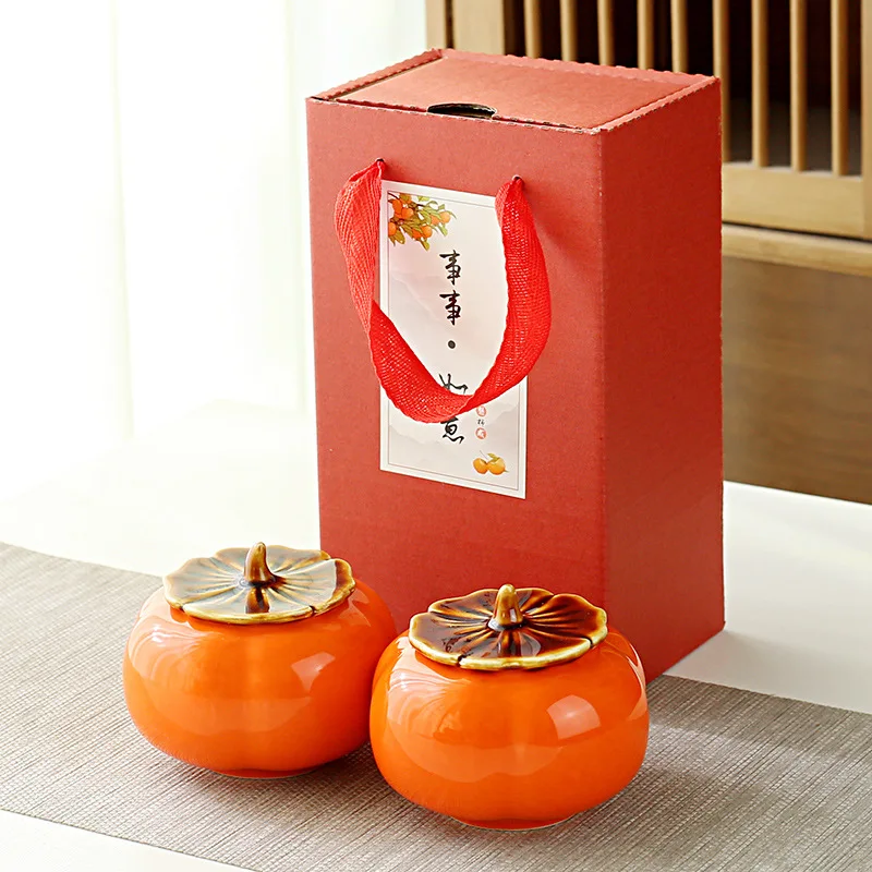 Persimmon Ceramic Tea Canister Storage Jar Gift Box Good Fortune