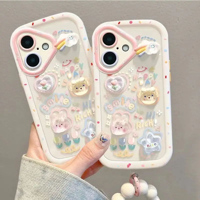 

Phone Case For iPhone 16 15 14 13 12 11 8 7 6 6s X XS XR Mini Pro Max Plus New INS 3D Rabbit Bear Protective Cover With Lanyard