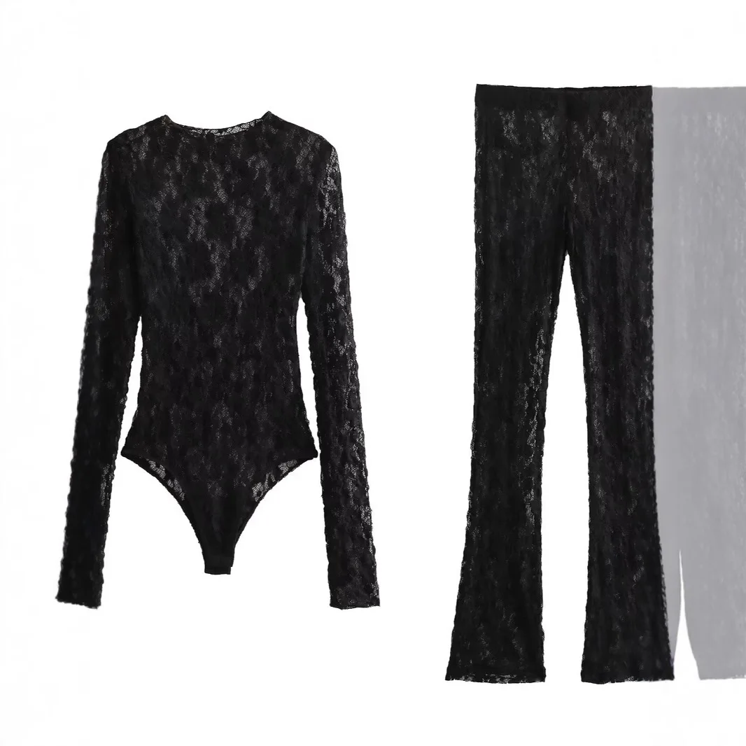 

Summer Lace Jumpsuits For Women Fashion New Long Sleeves Hollow Out Slim Onesies Female Chic Wild Women's Bodysuits