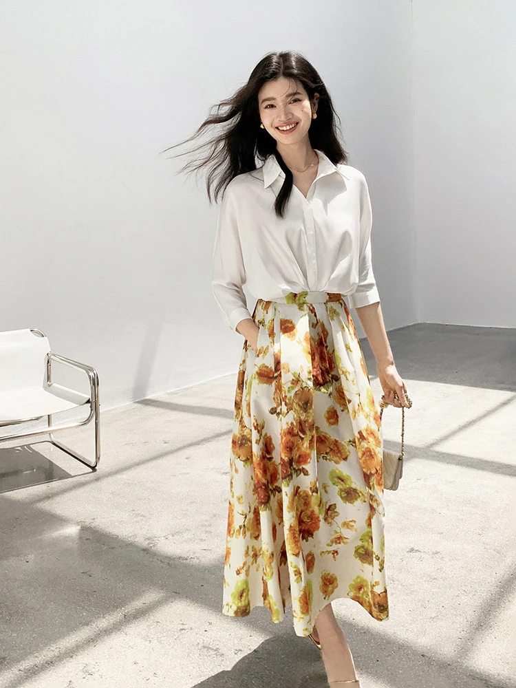 

Юбка-трапеция с высокой талией и принтом «Цветы сада Нинся» с широким подолом, универсальная, маленькая, универсальная, с высокой талией, А-силуэт