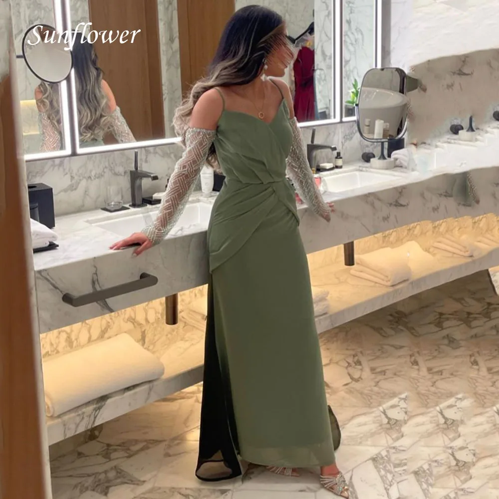 Sunflower Green V-Neck Prom Gowns Lace Long Sleeve Mermaid Evening Dress Slim Party Dress 2023 Pleat Chiffon High-end Custom