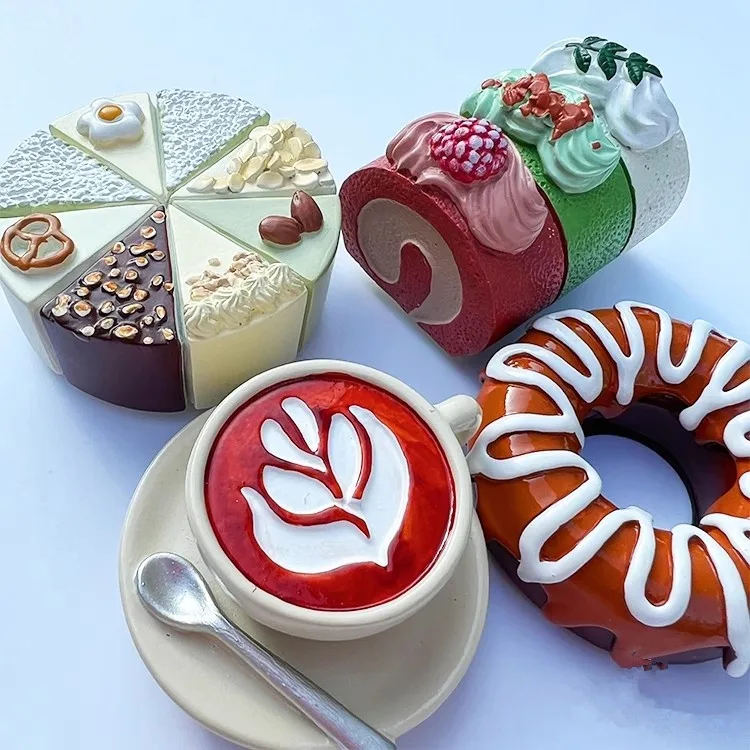 Swiss Roll Mousse Cake Latte Coffee Hand-painted 3D Fridge Magnets Souvenirs Refrigerator Magnetic Stickers Gift