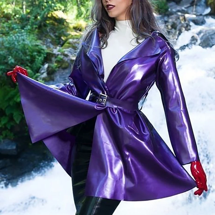 

Natural Latex Rubber Women Windcoat with Belt Handmade Windbreak S-LSW040