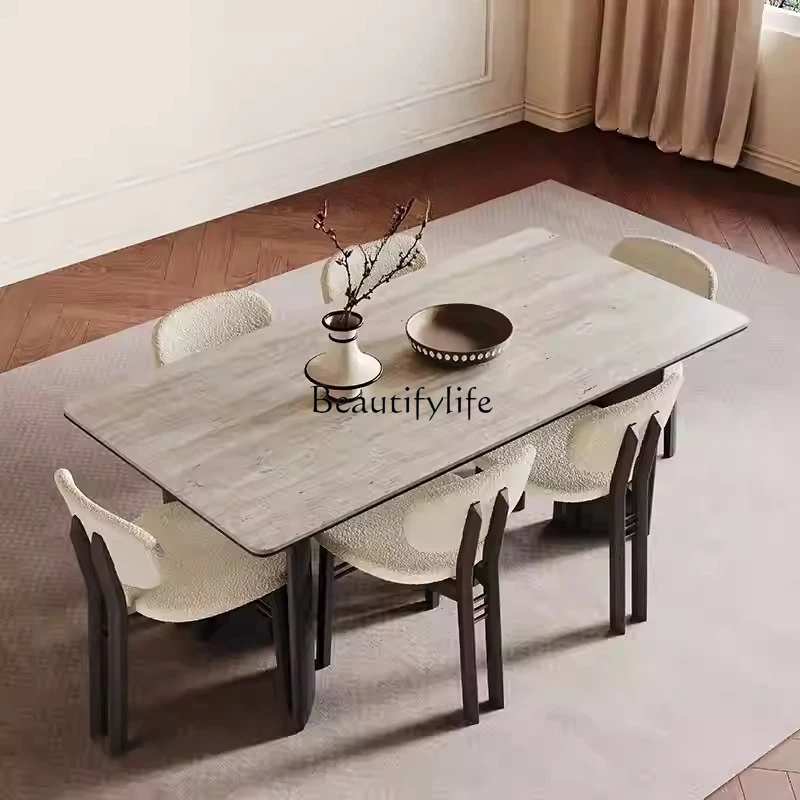 

Solid Wood Dining Table Rectangular French Retro Style Italian Matte Travertine Stone Dining Table