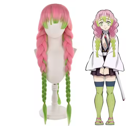 Demon Slayer Kanroji Mitsuri Cosplay Wig Green Mix Pink Long Anime Costume Wigs Kanroji Mitsuri Wigs with Wig
