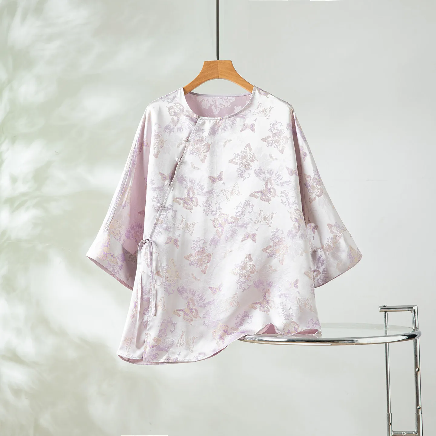 Winsleter-100%Real Silk Elegant Shirt, O Neck Butterfly Jacquard, Women Retro Temperament Loose Blouse, 2026 Summer New T66108CC