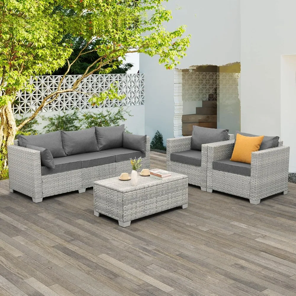 4-Piece Wicker Patio Furniture Set, PE Rattan Sectional Sofa with Storage Table, All-Weather Outdoor Conversation Sets for Deck