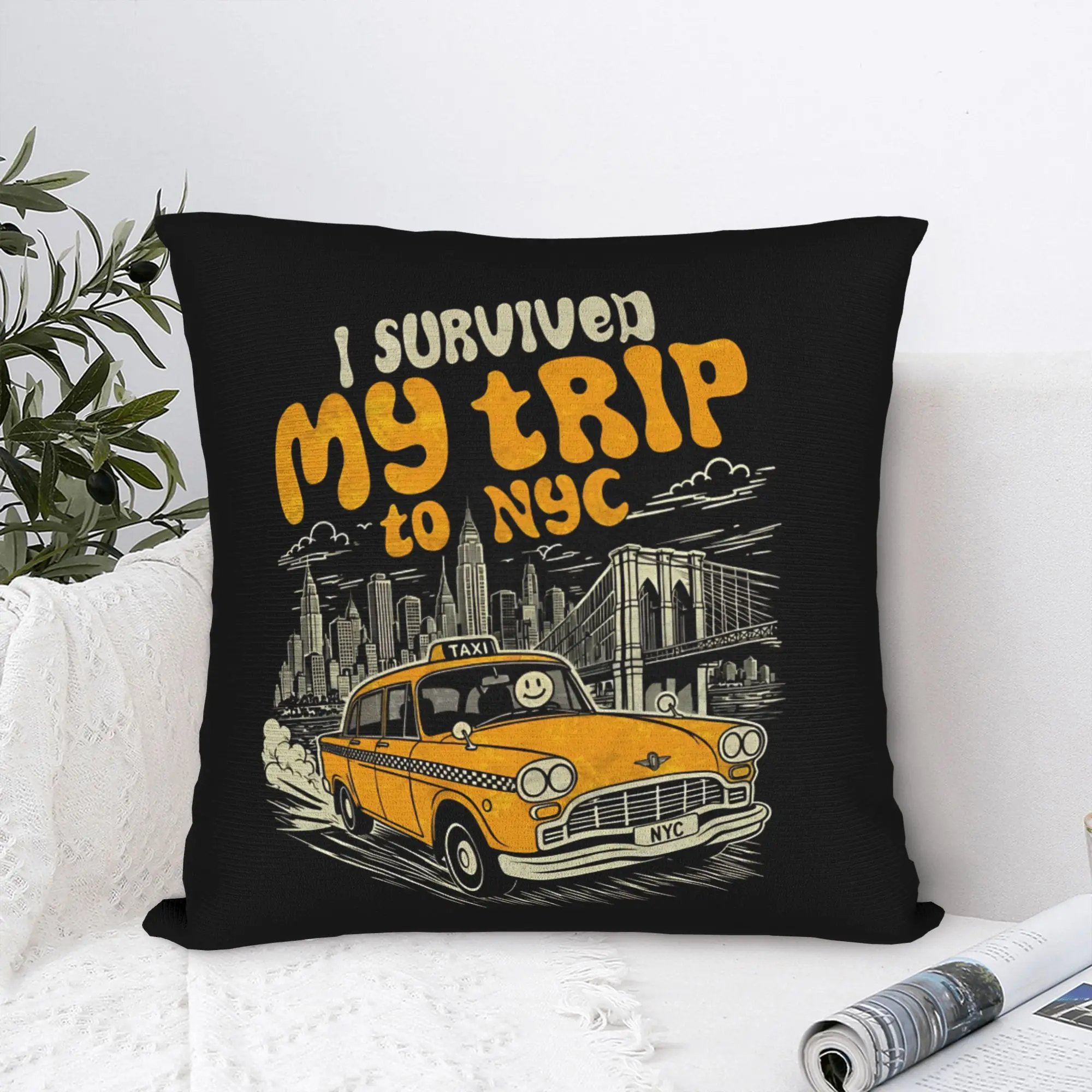 Funny I Survived My Trip to NYC   Square Pillow Case Polyester Cushions for Sofa  , Vintage Pillowcase