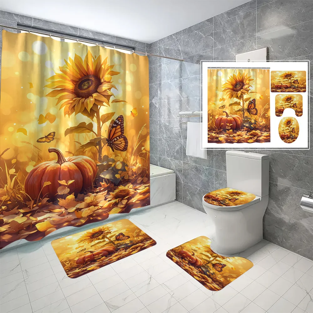 

Набор для ванной комнаты с подсолнухом из 4 предметов, полиэфирная ткань, нескользящий коврик, U-образный коврик, коврик для сиденья унитаза, занавеска для душа